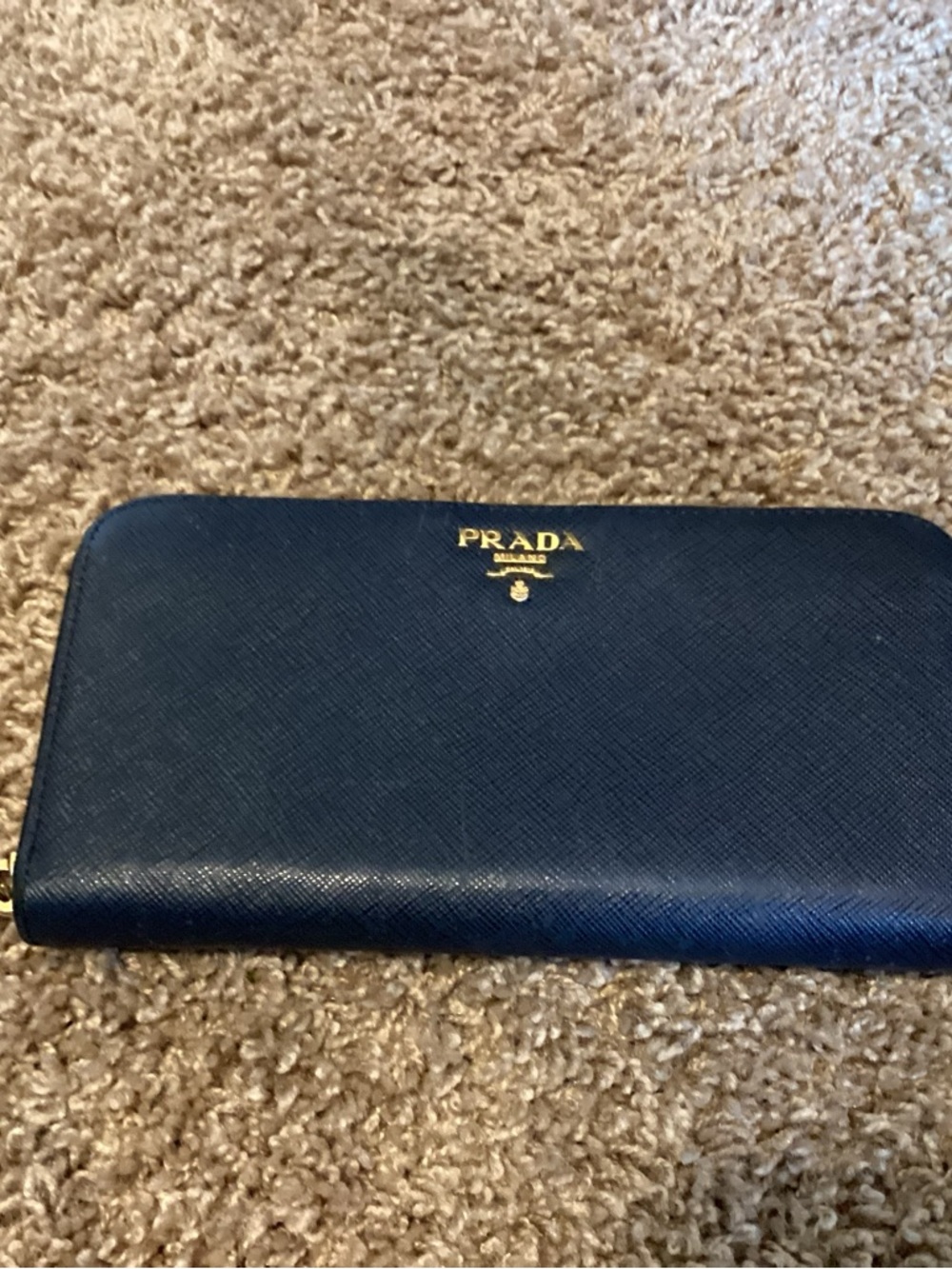 Prada Deep Navy Saffiano Zip Wallet with Gold Logo